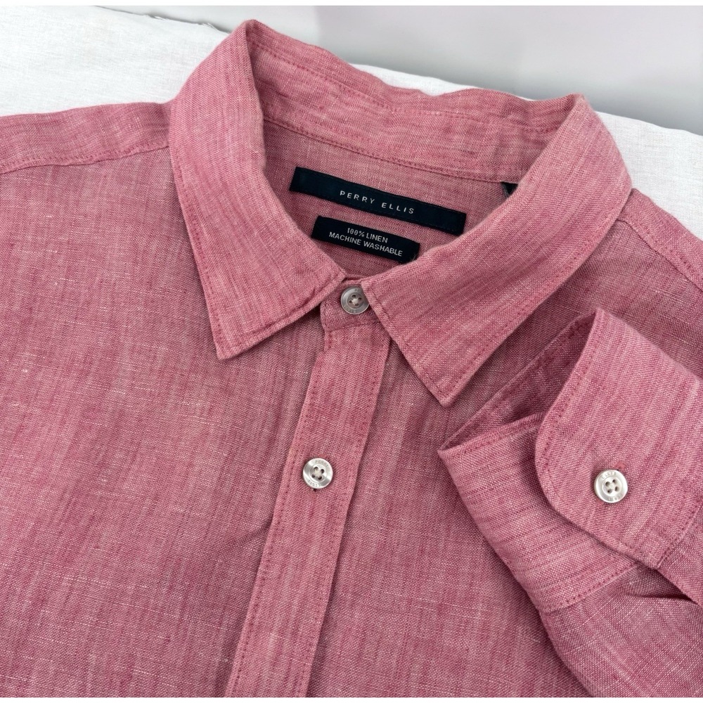 Perry Ellis LINEN Button Shirt Men LARGE Salmon Pink Long Sleeve Roll Tab Casual